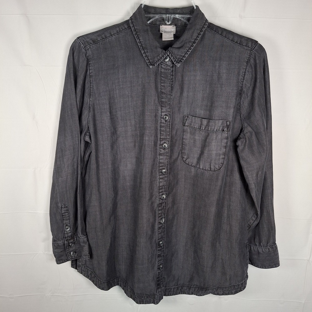 Chicos Denim Button Up Shirt 1P Petite Medium Long Sleeve Cotton Collared Gray